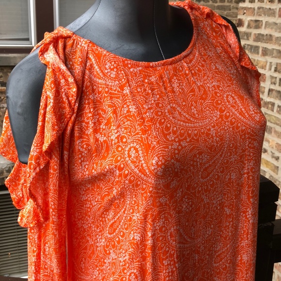 Vintage Orange Paisley Old Navy Ruffle Cold Shoulder Mini Dress Y2K Boho Vibes S - Picture 8 of 13